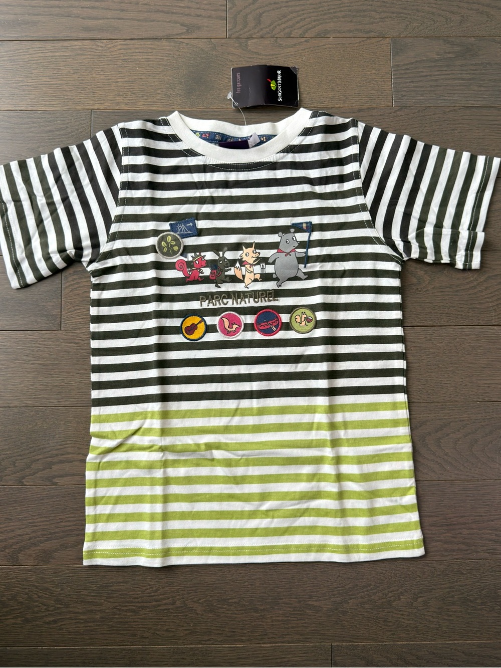 Striped Kids Tee with Animal Patch Graphic - lime & White